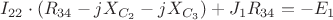 ${I}_{22} \cdot ({R}_{34}-j{X}_{{C}_2}}-j{X}_{{C}_3}})+{J}_{1}{R}_{34}=-{E}_{1}$