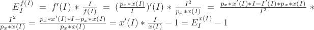 $E^{f(I)}_I=f'(I)*\frac{I}{f(I)}=(\frac{p_x*x(I)}{I})'(I)*\frac{I^2}{p_x*x(I)}=\frac{p_x*x'(I)*I-I'(I)*p_x*x(I)}{I^2}*\frac{I^2}{p_x*x(I)}=\frac{p_x*x'(I)*I-p_x*x(I)}{p_x*x(I)}=x'(I)*\frac{I}{x(I)}-1=E^{x(I)}_I -1$