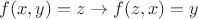 $f(x,y)=z\rightarrow f(z,x)=y$