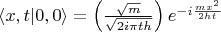$\langle{x,t}|{0,0}\rangle=\left(\frac {\sqrt{m}}{\sqrt{2i\pi th}}\right)e^{-i\frac{mx^2}{2ht}}$