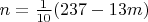 $\[n = \frac{1}{{10}}(237 - 13m)\]$
