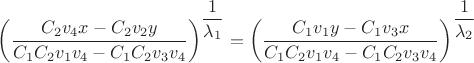 $\left(\dfrac{C_2v_4x-C_2v_2y}{C_1C_2v_1v_4-C_1C_2v_3v_4}\right)^{\dfrac{1}{\lambda_1}}=\left(\dfrac{C_1v_1y-C_1v_3x}{C_1C_2v_1v_4-C_1C_2v_3v_4}\right)^{\dfrac{1}{\lambda_2}}$