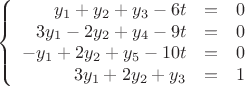 $$
\left\{
\begin{array} {rcr}
y_1+y_2+y_3-6t&=&0 \\
3y_1-2y_2+y_4-9t&=&0 \\
-y_1+2y_2+y_5-10t&=&0 \\
3y_1+2y_2+y_3&=&1\\
\end{array}
\right.
$$ $$
\left\{
\begin{array} {rcr}
y_1+y_2+y_3-6t&=&0 \\
3y_1-2y_2+y_4-9t&=&0 \\
-y_1+2y_2+y_5-10t&=&0 \\
3y_1+2y_2+y_3&=&1\\
\end{array}
\right.
$$