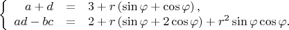 $$\left\{
\begin{array}{rcl}
a+d &=& 3 + r\left(\sin\varphi+\cos\varphi\right), \\
ad - bc &=& 2 + r\left(\sin\varphi + 2\cos\varphi\right) + r^2\sin\varphi\cos\varphi.\\
\end{array}
\right.$$