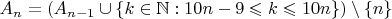 $A_n=(A_{n-1}\cup\{k\in\mathbb N:10n-9\leqslant k\leqslant 10n\})\setminus\{n\}$