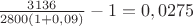 $\frac{3136}{2800(1+0,09)}-1=0,0275$