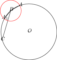 \begin{tikzpicture}[scale=.3]
\draw(8.0,-6.0) circle (6.254118642942425cm);
\draw (2.0025587610288005,-7.77332980155627)-- (3.92,-1.26);
\draw [color=red] (3.92,-1.26) circle (2.3440136518373778cm);
\draw (2.4615052279357257,-3.0949912805954094)-- (3.92,-1.26);
\draw (3.92,-1.26)-- (5.951618257261391,-0.08084335661888776);

\draw  (8.0,-6.0) circle (1.5pt);
\draw (8.140000000000002,-5.719999999999998) node {$O$};
\draw (3.92,-1.26) circle (1.5pt);
\draw (4.060000000000001,-0.9099999999999989) node {$B$};

\draw  (2.0025587610288005,-7.77332980155627) circle (1.5pt);
\draw (2.140000000000001,-7.499999999999997) node {$C$};

\draw  (5.951618257261391,-0.09084335661888776) circle (1.5pt);
\draw (6.1000000000000005,0.1800000000000011) node {$A$};
\draw  (2.4615052279357257,-3.0949912805954094) circle (1.5pt);
\draw (2.640000000000001,-2.759999999999998) node {$A_1$};
\end{tikzpicture}