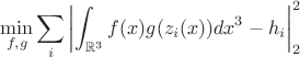 $$\min_{f,g} \sum_i \left|\int_{\mathbb R^3} f(x) g(z_i(x)) dx^3 - h_i\right|_2^2$$