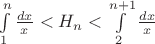 $\int\limits_1^{n}\frac{dx}{x}<H_n<\int\limits_2^{n+1}\frac{dx}{x}$