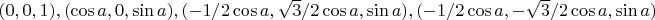$(0, 0, 1), (\cos a, 0, \sin a), (-1/2 \cos a, \sqrt{3}/2 \cos a, \sin a), (-1/2 \cos a, -\sqrt{3}/2 \cos a, \sin a)$
