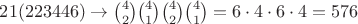 $21(223446) \to \binom{4}{2}\binom{4}{1}\binom{4}{2}\binom{4}{1}=6\cdot4\cdot6\cdot4=576$