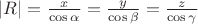$\left | R \right |=\frac{x}{\cos \alpha }=\frac{y}{\cos \beta }=\frac{z}{\cos \gamma }$
