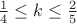 $ \frac{1}{4} \le k \le \frac{2}{5}$