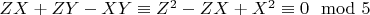 $ZX + ZY-XY\equiv Z^2-ZX + X^2\equiv 0\mod 5$