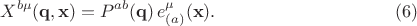 $$
X^{b \mu} ({\bf q}, {\bf x}) = P^{a b} ({\bf q}) \, e_{(a)}^{\mu}({\bf x}). \eqno(6)
$$
