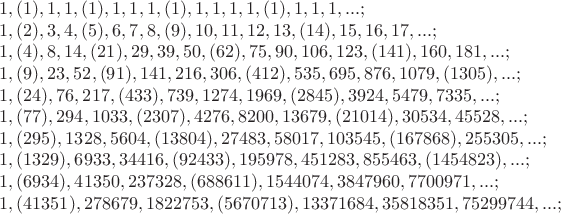 $$\begin{array}{l}
1,(1), 1, 1,(1), 1, 1, 1,(1), 1, 1, 1, 1,(1), 1, 1, 1, ...;\\
1,(2), 3, 4,(5), 6, 7, 8,(9), 10, 11, 12, 13,(14), 15, 16, 17, ...;\\
1,(4), 8, 14,(21), 29, 39, 50,(62), 75, 90, 106, 123,(141), 160, 181, ...;\\
1,(9), 23, 52,(91), 141, 216, 306,(412), 535, 695, 876, 1079,(1305), ...;\\
1,(24), 76, 217,(433), 739, 1274, 1969,(2845), 3924, 5479, 7335, ...;\\
1,(77), 294, 1033,(2307), 4276, 8200, 13679,(21014), 30534, 45528, ...;\\
1,(295), 1328, 5604,(13804), 27483, 58017, 103545,(167868), 255305, ...;\\
1,(1329), 6933, 34416,(92433), 195978, 451283, 855463,(1454823), ...;\\
1,(6934), 41350, 237328,(688611), 1544074, 3847960, 7700971, ...;\\
1,(41351), 278679, 1822753,(5670713), 13371684, 35818351, 75299744, ...;
\end{array}$$