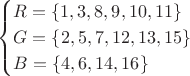 $$\begin{cases}R=\{1,3,8,9,10,11\}\\
G=\{2,5,7,12,13,15\}\\
B=\{4,6,14,16\}\end{cases}$$ $$\begin{cases}R=\{1,3,8,9,10,11\}\\
G=\{2,5,7,12,13,15\}\\
B=\{4,6,14,16\}\end{cases}$$