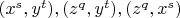 $(x^s,y^t), (z^q,y^t), (z^q, x^s) $