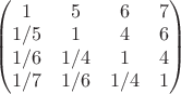 $\begin{pmatrix}
1 & 5 & 6 & 7\\
1/5 & 1 & 4 & 6\\
1/6 & 1/4 & 1 & 4\\ 
1/7 & 1/6 & 1/4 & 1 
\end{pmatrix}$