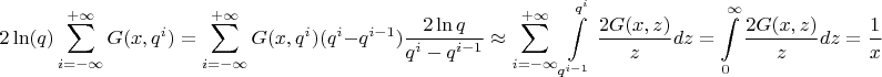 $$2\ln(q)\sum\limits_{i=-\infty}^{+\infty} G(x, q^i)  = \sum\limits_{i=-\infty}^{+\infty} G(x, q^i)(q^i - q^{i-1}) \frac{2\ln q}{q^i - q^{i-1}} \approx \sum\limits_{i=-\infty}^{+\infty}\int \limits_{q^{i-1}}^{q^i}\frac{2G(x,z)}{z}dz = \int \limits_0^{\infty}\frac{2G(x,z)}{z}dz = \frac {1}{x}$$
