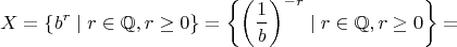 $$
X=\{b^r\mid r\in\mathbb{Q},r\ge 0\}=
\bigg\{\bigg(\frac{1}{b}\bigg)^{-r}\mid r\in\mathbb{Q},r\ge 0\bigg\}=
$$