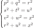$$\begin{cases} p^2+q^2=r^2\\ s^2+t^2=u^2\\ v^2+w^2=x^2\\ r^2+u^2=x^2\end{cases}$$
