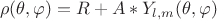 \[\rho (\theta ,\varphi ) = R + A*Y_{l,m} (\theta ,\varphi )\]