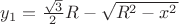 $y_1=\frac{\sqrt{3}}{2}R-\sqrt{R^2-x^2}$