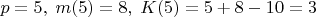 $p=5,\;m(5)=8,\;K(5)=5+8-10=3$