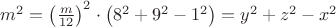 $m^2 = \left(\frac{m}{12}\right)^2 \cdot \left(8^2 + 9^2 - 1^2\right) = y^2 + z^2 - x^2$
