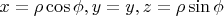 $x=\rho\cos\phi,y=y,z=\rho\sin\phi$
