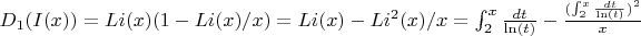 $D_1(I(x))=Li(x)(1-Li(x)/x)=Li(x)-Li^2(x)/x=\int_{2}^{x} \frac{dt}{\ln(t)} -\frac{(\int_{2}^{x} \frac{dt}{\ln(t)})^2}{x}$