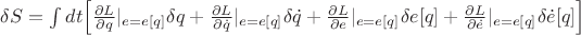 $\delta S=\int dt \Bigl[\frac{\partial L}{\partial q}|_{e=e[q]}\delta q+\frac{\partial L}{\partial\dot{q}}|_{e=e[q]}\delta\dot{q}+\frac{\partial L}{\partial e}|_{e=e[q]}\delta e[q]+\frac{\partial L}{\partial\dot{e}}|_{e=e[q]}\delta\dot{e}[q]\Bigr]$