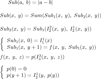 $Sub(a,\;b)=|a-b|\\
\\
Sub(x,\;y)=Sum(Sub_1(x,\;y),\; Sub_2(x,\;y))\\
\\
Sub_2(x,\;y)=Sub_1(I_2^2(x,\;y),\; I_2^1(x,\;y))\\
\\
\left\{\begin{array}{l}Sub_1(x,\;0)=I_1^1(x)\\Sub_1(x,\;y+1)=f(x,\;y,\;Sub_1(x,\;y))\end{array}\right.\\
\\
f(x,\;y,\;z)=p(I_3^3(x,\;y,\;z))\\
\\
\left\{\begin{array}{l}p(0)=0\\p(y+1)=I_2^1(y,\;p(y))\end{array}\right.$