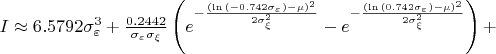 $I \approx 6.5792\sigma_\varepsilon^3+\frac{0.2442}{\sigma_\varepsilon\sigma_\xi}\left(e^{-\frac{(\ln{(-0.742\sigma_\varepsilon)}-\mu)^2}{2\sigma_\xi^2}}-e^{-\frac{(\ln{(0.742\sigma_\varepsilon)}-\mu)^2}{2\sigma_\xi^2}}\right)+$