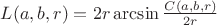 $L(a, b, r) = 2 r \arcsin{\frac{C(a, b, r)}{2 r}}$