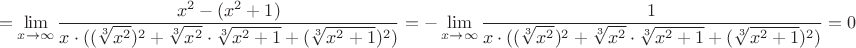 $$= \lim_{x\to\infty}\frac{x^2 -(x^2+1)}{x \cdot ((\sqrt[3]{x^2})^2+\sqrt[3]{x^2} \cdot \sqrt[3]{x^2+1} + (\sqrt[3]{x^2+1})^2)} = - \lim_{x\to\infty}  \frac{1}{x \cdot ((\sqrt[3]{x^2})^2+\sqrt[3]{x^2} \cdot \sqrt[3]{x^2+1} + (\sqrt[3]{x^2+1})^2)} = 0$$