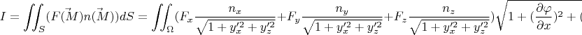 $$I=\iint_{S}(\vec{F(M)}\vec{n(M)})dS=\iint_{\Omega}(F_x\frac{n_x}{\sqrt{1+y_x'^2+y_z'^2}}+F_y\frac{n_y}{\sqrt{1+y_x'^2+y_z'^2}}+F_z\frac{n_z}{\sqrt{1+y_x'^2+y_z'^2}})\sqrt{1+(\frac{\partial\varphi}{\partial x})^2+(\frac{\partial\varphi}{\partial z})^2}dxdz$$