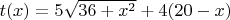 $t(x)=5 \sqrt{36+x^2} + 4(20-x)$