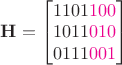 $\mathbf H=\begin{bmatrix}1101{\color{magenta}100}\\1011{\color{magenta}010}\\0111{\color{magenta}001}\end{bmatrix}$