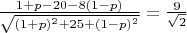 $\frac{1+p-20-8(1-p)}{\sqrt{(1+p)^2+25+(1-p)^2}}=\frac{9}{\sqrt{2}}$