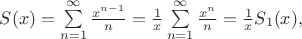 $S(x)=\sum\limits_{n=1}^{\infty}\frac{x^{n-1}}{n}=\frac{1}{x}\sum\limits_{n=1}^{\infty}\frac{x^{n}}{n}=\frac{1}{x}S_1(x),
$