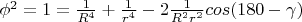 $\phi^2=1=\frac{1}{R^4}+\frac{1}{r^4}-2\frac{1}{R^2r^2}cos(180-\gamma)