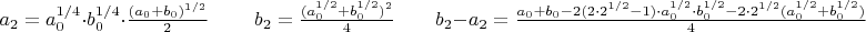 $ a_2 = a_0^{1/4}\cdot b_0^{1/4}\cdot \frac{(a_0+b_0)^{1/2}}{2}\; \qquad b_2 =\frac{(a_0^{1/2} +b_0^{1/2})^2}{4} \qquad b_2 - a_2 = \frac{a_0+b_0-2(2\cdot 2^{1/2}-1)\cdot a_0^{1/2}\cdot b_0^{1/2} -2\cdot 2^{1/2}(a_0^{1/2}+b_0^{1/2})}{4}$