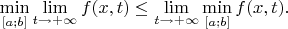 $\min\limits_{[a;b]}\lim\limits_{t \to +\infty}f(x,t)\leq \lim\limits_{t \to +\infty}\min\limits_{[a;b]}f(x,t).$