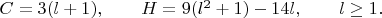$C=3(l+1), \qquad H=9(l^2+1)-14l, \qquad l\geq1.$