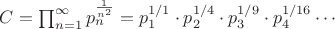 $
C = \prod_{n=1}^\infty p_n^{\frac{1}{n^2}} = p_1^{1/1} \cdot p_2^{1/4} \cdot p_3^{1/9} \cdot p_4^{1/16} \cdots
$