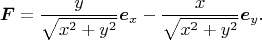 $$\boldsymbol F=\frac{y}{\sqrt{x^2+y^2}}\boldsymbol e_x-\frac{x}{\sqrt{x^2+y^2}}\boldsymbol e_y.$$