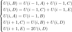 $$\begin{cases} U(i,B)=U(i-1,A)+U(i-1,C)\\ U(i,D)=U(i-1,C)+U(i-1,E)\\ U(i,A)=U(i-1,B)\\
U(i+1,C)=U(i,B)+U(i,D)\\ U(i+1,E)=2U(i,D)   \end{cases} $$