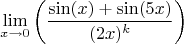 $$\lim\limits_{x \to 0} \left ( \frac{\sin(x)+\sin(5x)}{(2x)^k} \right )$$